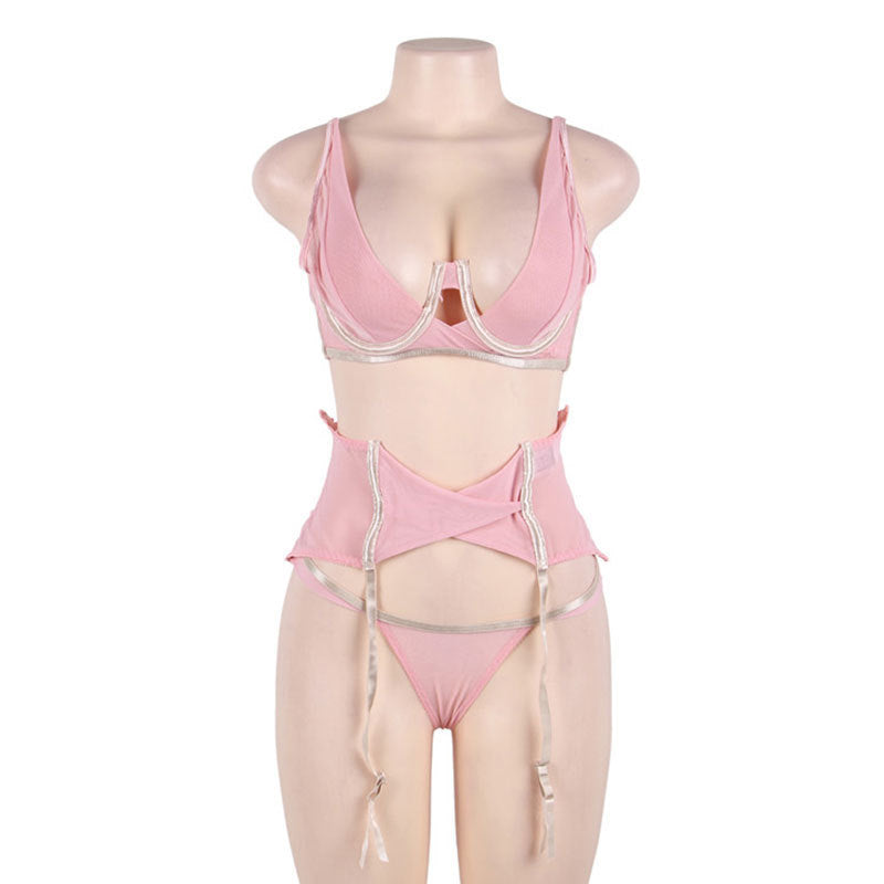 Pink See-through Sexy Garter Pajamas Set