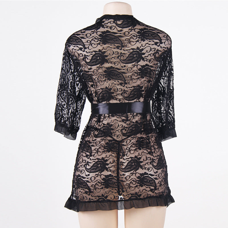 European And American Foreign Trade Sexy Underwear Wholesale Black Lace Bandage Robe Sexy Plus Size