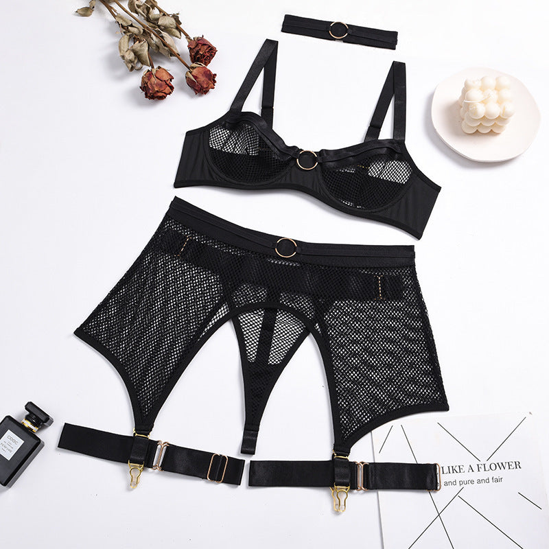 Sexy Lingerie Four-Piece Mesh Iron Ring Stitching Collar Sexy Ladies Underwear