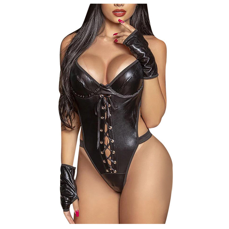 Sexy Women's Black Patent Leather Hollow Sexy Suit