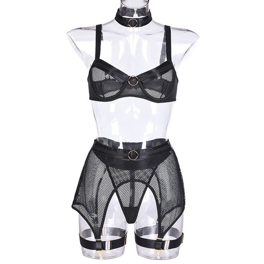 Sexy Lingerie Four-Piece Mesh Iron Ring Stitching Collar Sexy Ladies Underwear