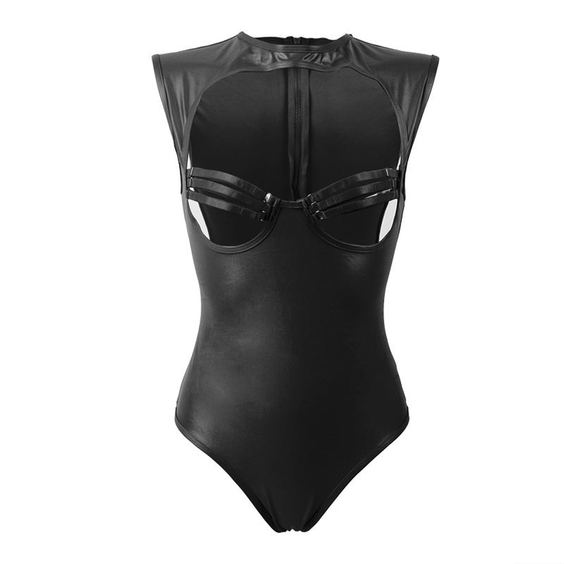 Sexy Imitation Leather One-piece Suit