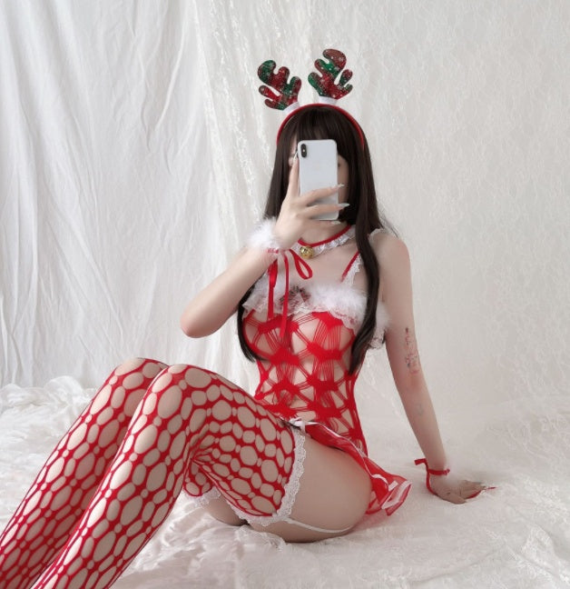 Elk Plush Sexy One-piece Mesh Suit