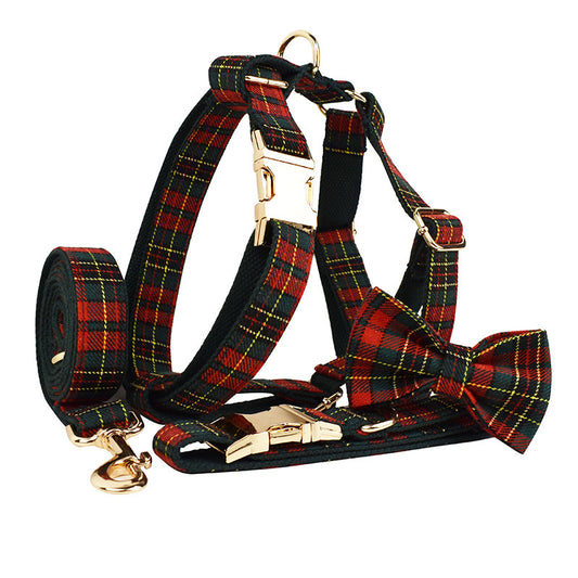 Christmas Pet Collar Plaid With Green Dog Leash Set